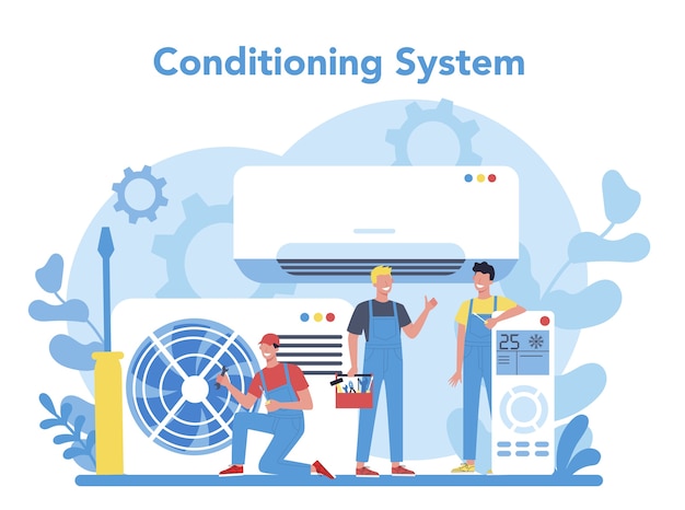 Vektor reparatur- und installationsservicekonzept für klimaanlagen. handwerker installieren, untersuchen und reparieren conditioner mit spezialwerkzeugen und -geräten. isolierte vektorillustration