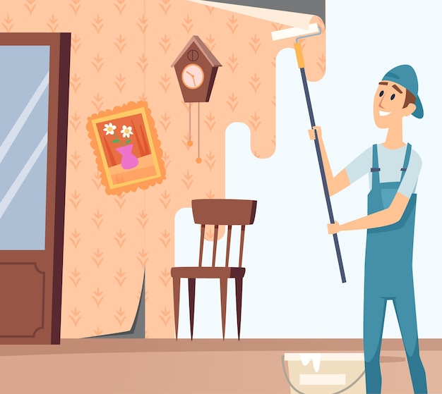 Reparatur von Häusern Renovierungsprozesse Wandmalerei Vektorcartoon-Hintergrund