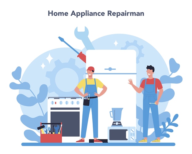 Vektor reparaturmann-konzept. professioneller arbeiter in der uniform reparieren elektrische haushaltsgeräte mit werkzeug. handwerkerberuf. isolierte vektorillustration