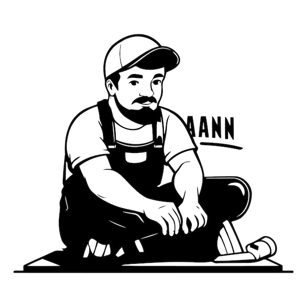 Reparaturmann sitzt im cartoon-stil auf dem boden