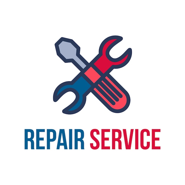 Reparaturservice-Schriftzug flaches Vektor-Logo-Design. Isolierte Umriss-Autowerkstatt-Logo-Konzept