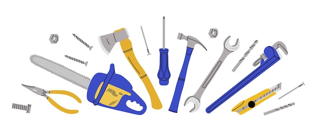 Reparaturwerkzeug-Set Hausbau-Ausrüstung Doodle-Stil Zeichnung Bauwerkzeuge Schraubenzieher Säge und Hammer Renovierungsindustrie Vektor Cartoon Flat isolierte zeitgenössische Illustration