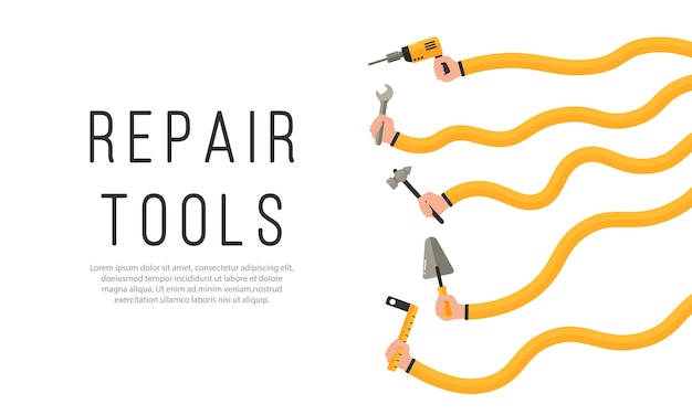 Reparaturwerkzeuge. menschliche hände halten arbeitsgeräte. flache illustration von männlichen und weiblichen händen mit bau- und renovierungshauswartungsinstrument.