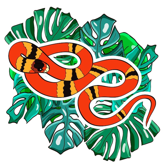 Reptilien-Cartoon-Illustration Korallenschlange auf den Palmblättern Vektor-Illustration