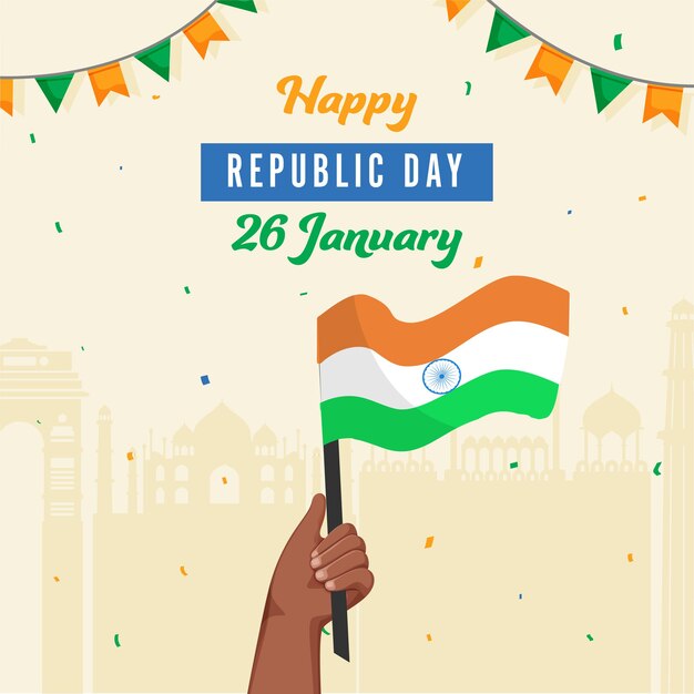 Republic day poster design mit hand, die indische flagge hält