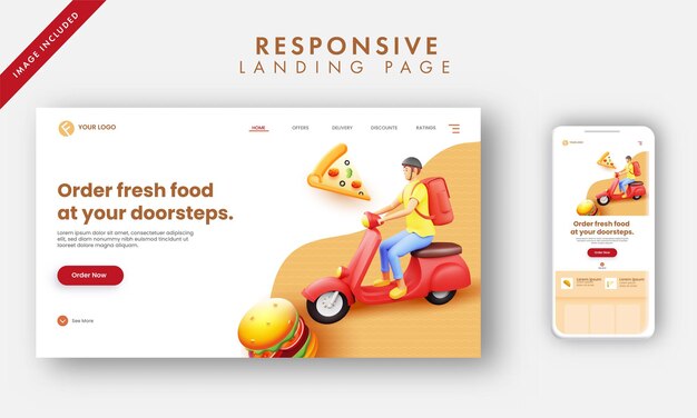 Responsive landing page mit 3d-rendering delivery boy riding scooter für den haustürservice.