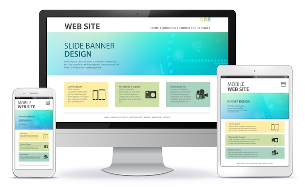 Vektor responsives website-design mit desktop-computerbildschirm-handy- und tablet-pc-illustration