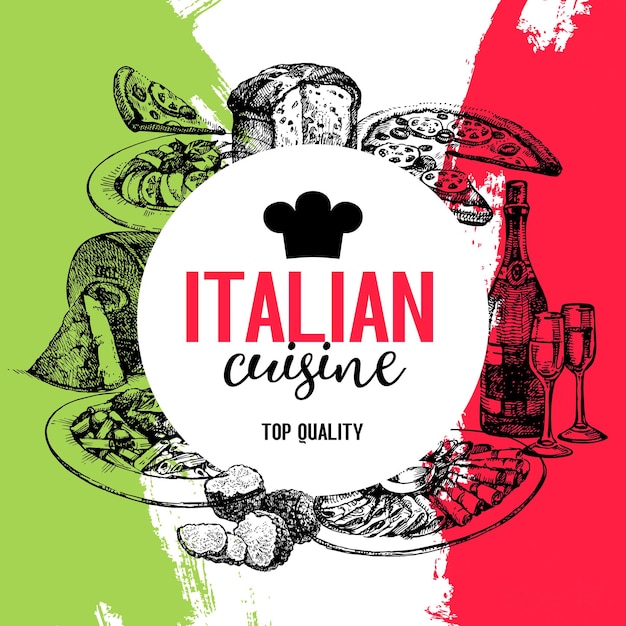 Restaurant italienische Küche Menüdesign Vintage handgezeichnete Skizze VektorillustrationxA