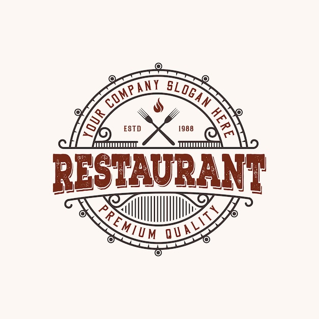 Vektor restaurant-logo-symbol von barbecue grill and bar mit feuer-logo-vorlage mit logo im vintage-stil