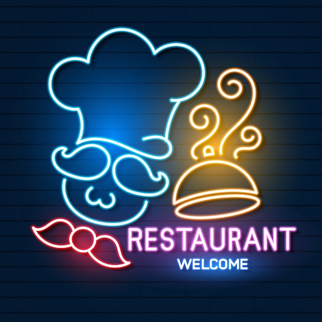 Restaurant logo, zeichen, emblem im neonstil.