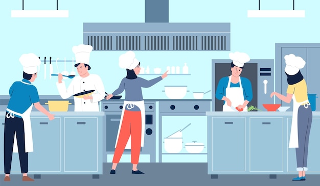 Restaurant professionelle Küche Küche kommerzielle Koch und Team Koch vielfältige Nahrung Hotelindustrie Café oder Bar Arbeiter in Uniform Service jüngste Vektor Szene