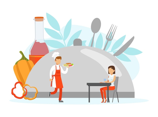 Vektor restaurant-stuff, das kunden bedient, kleiner koch-charakter in uniform und cap-vektor-illustration