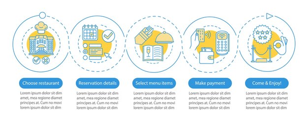 Restaurant-Vektor-Infografik-Vorlage Designelemente für Business-Präsentationen Gastcafé-Veranstaltung Abendmenü Datenvisualisierung mit fünf Schritten und Optionen Prozess-Zeitstrahl-Diagramm Workflow-Layout