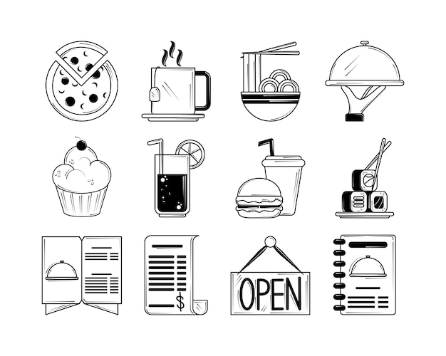 Restaurantmenü Speisen Getränke Service Icons im Linienstil gesetzt