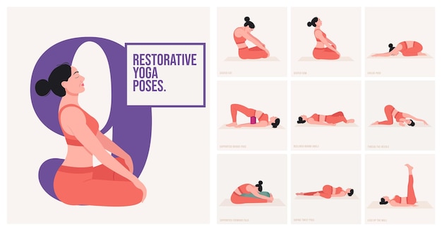 Vektor restorative yoga-posen junge frau, die yoga-posen praktiziert