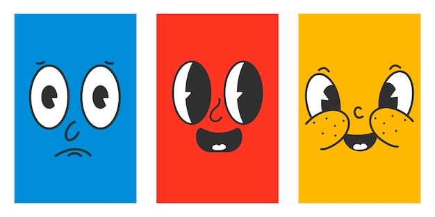 Retro 30er-jahre-cartoon-maskottchen-figuren, lustige gesichter, 50er-60er-jahre, alte animation, augen- und münderelemente, vintage-comic-lächeln für logo-vektorset, smiley-karikaturen mit fröhlichen und fröhlichen emotionen