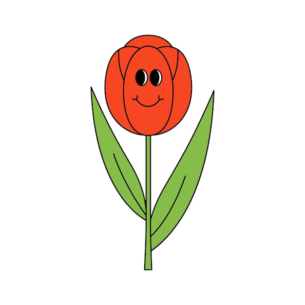 Retro 70er grooviger lächelnder Tulpencharakter Frühlingssommerblume. Cartoon Hippie isolierter Vektor