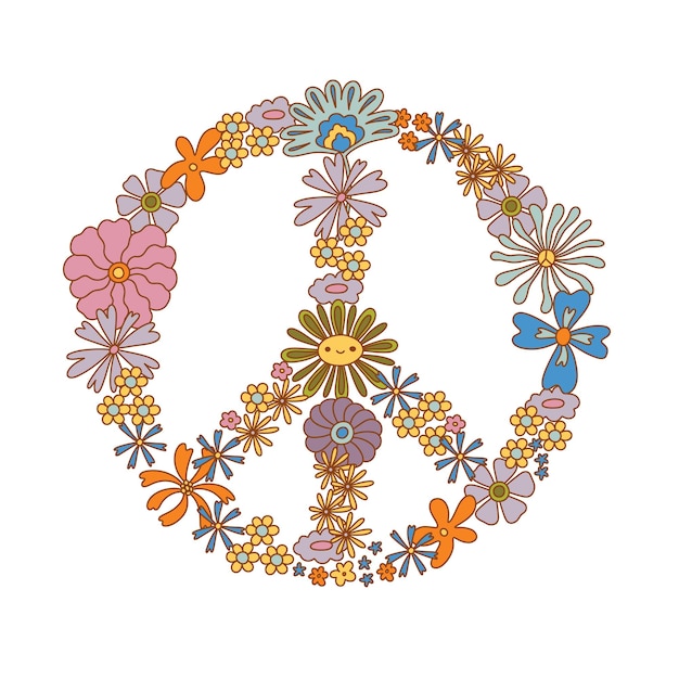 Retro-70er-jahre-hippie-friedenszeichen-blumenvektorillustration boho grooviges pazifistisches blumensymbol