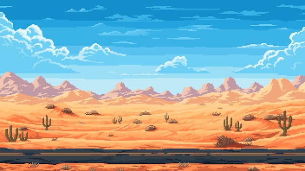 Vektor retro 8-bit-pixel-wüstenstraßen-landschaft-hintergrund