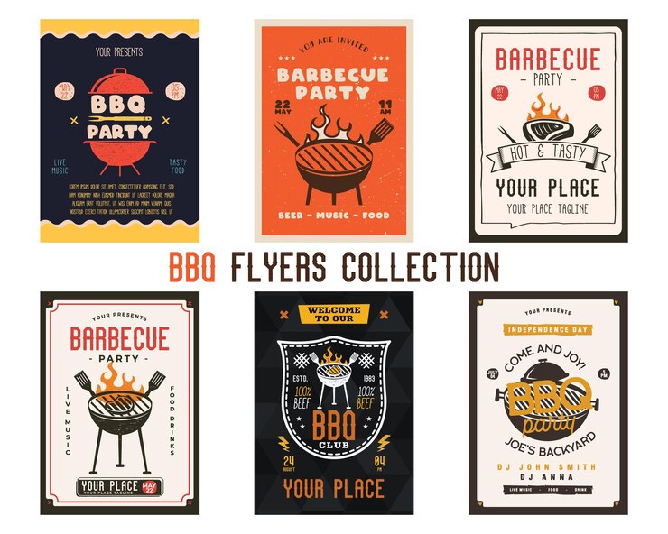 Retro-BBQ-Party-Flyer-Vorlagen setzen BBQ-Grill-Karten für Social-Media-Marketing Grill-Post-Designs Stock-Vektor-Poster