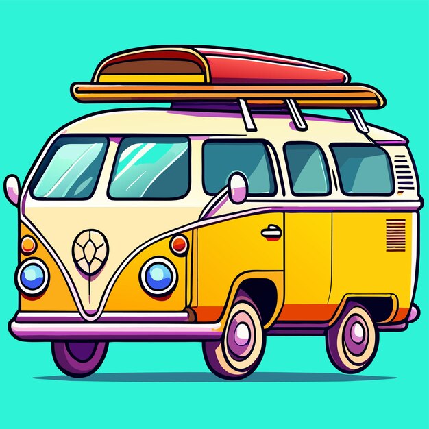 Vektor retro-bus-camper handgezeichneter flacher stilvoller cartoon-aufkleber-ikon-konzept isolierter illustration