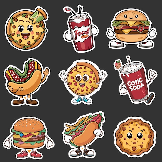 Vektor retro-cartoon-fastfood-aufkleber-vektor-set