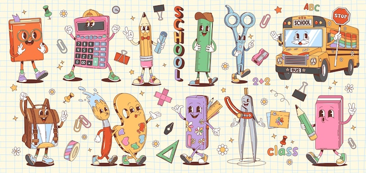 Vektor retro-cartoon-figuren aus der schulbildung