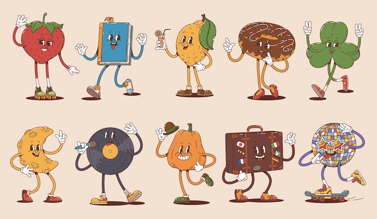 Vektor retro-cartoon-figuren mit glücklichen gesichtern