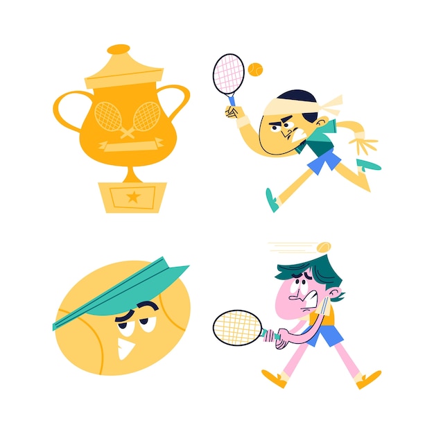Vektor retro-cartoon-tennis-aufkleber-sammlung