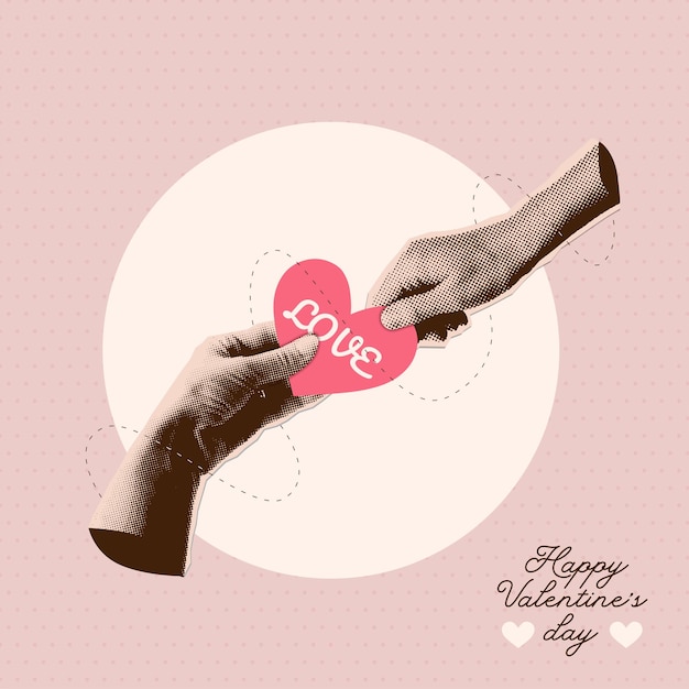 Retro-Collage für Valentinstag Vektor-Illustration mit halbtönigen Händen, die Herz-Konzept von
