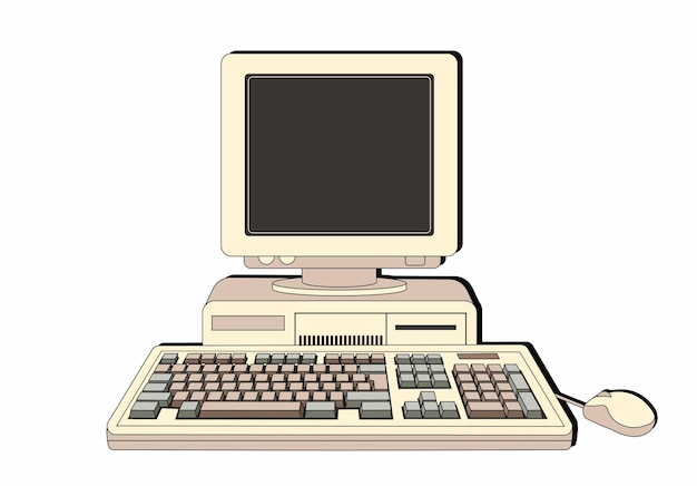 Vektor retro-computer mit bildschirm und tastatur computer 8090s front-faced cartoon-stil linear-retro-stil