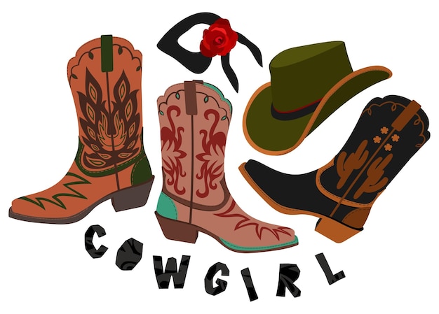 Retro-cowgirl. vektorset aus cowboystiefeln, hut und bandana. accessoires im westernstil.