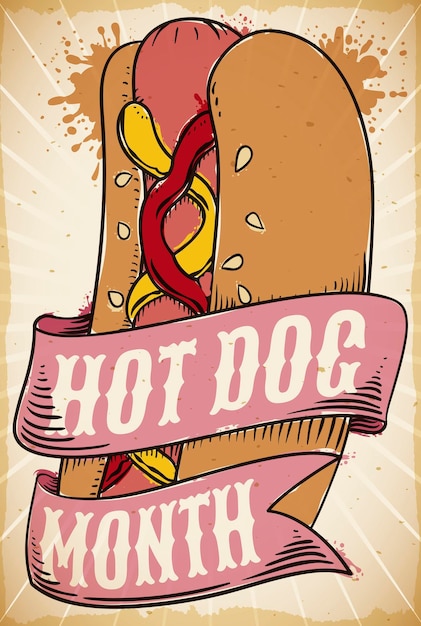 Vektor retro-design mit hotdog und grüßbändern für den hot dog-monat