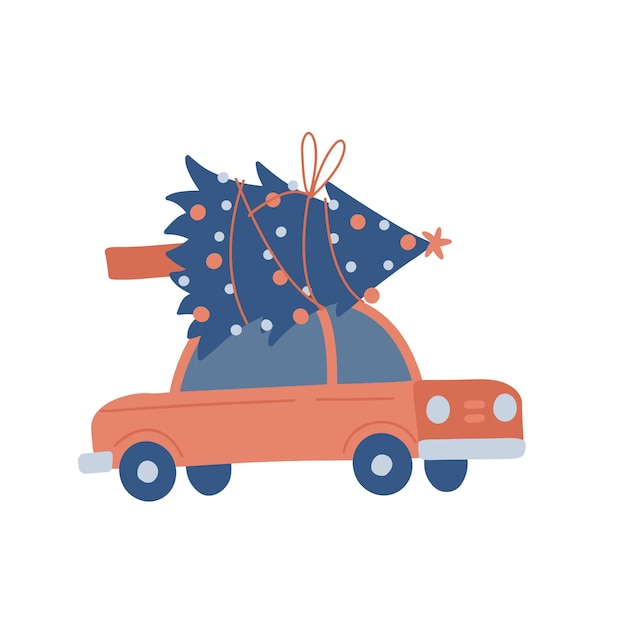 Vektor retro-familienauto mit weihnachtsbaum auf dem dach freihändig isolierter elementvektor flach illustrat...