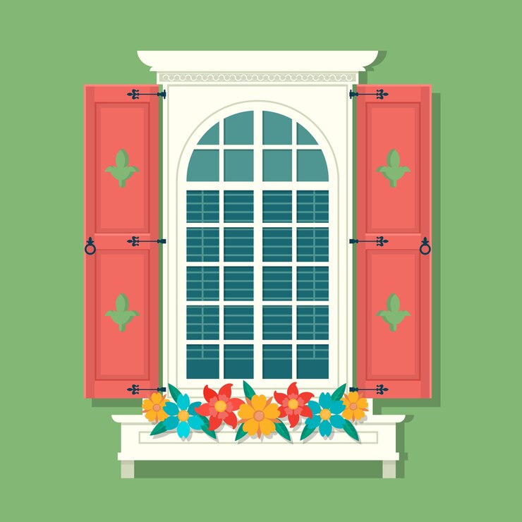 Retro- Fenster mit roten hölzernen Fensterläden