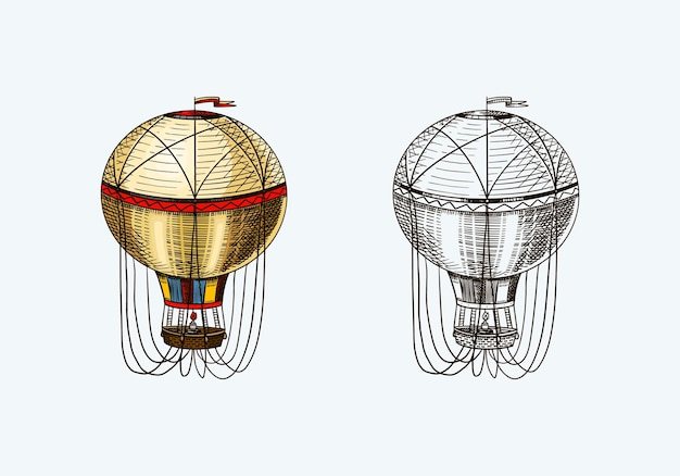 Retro-fliegendes luftschiff des weinleseheißluftballons mit dekorativer elementschablone