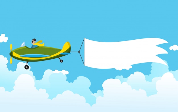 Vektor retro flugzeug mit einem banner. doppeldecker flugzeuge ziehen werbebanner. ebene mit weißem band für nachrichtenbereich. illustration