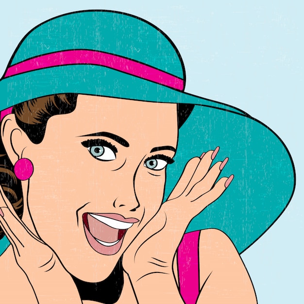 Retro Frau der Pop-Art mit Sonnenhut in der Comicsart