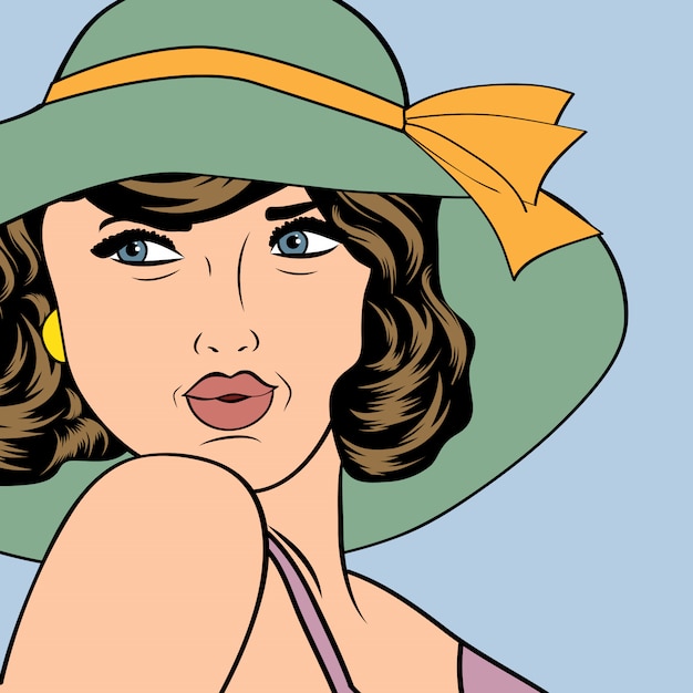 Retro Frau der Pop-Art mit Sonnenhut in der Comicsart