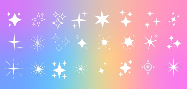Retro-futuristische funkelnde Ikonen Sammlung von Sternformen abstrakte Symbole Regenbogen-Hintergrund y2k