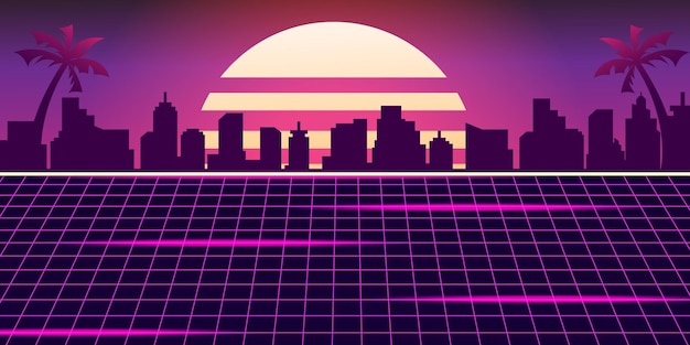 Vektor retro-futuristisches nachtstadtbild im retro-stil mit sonnenuntergang im hintergrund. vektor-illustration.