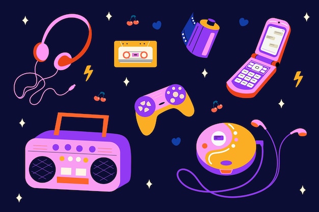 Retro-Gadget-Set Vintage-Technologie-Artikel Kopfhörer Kassette Spielcontroller Boombox