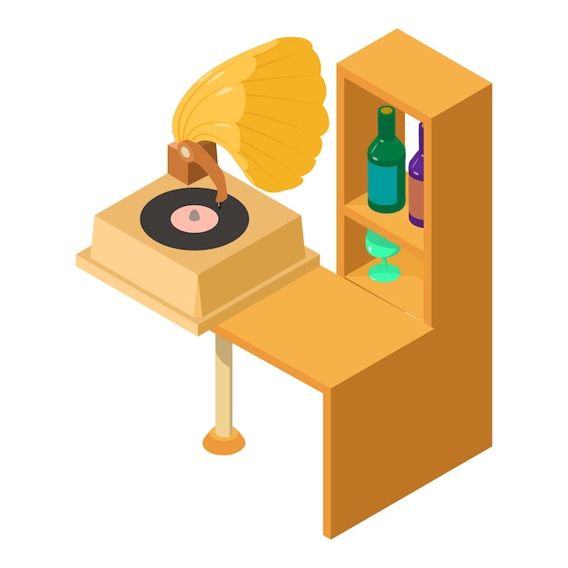 Retro-Grammophon-Symbol isometrischer Vektor Vintage-Musik-Grammophon auf Holztisch Musikkonzept Retro-Party