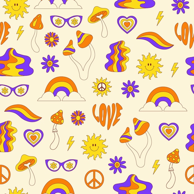 Retro grooviges nahtloses Muster mit Hippie-Elementen auf hellem Hintergrund. Vektor-Illustration