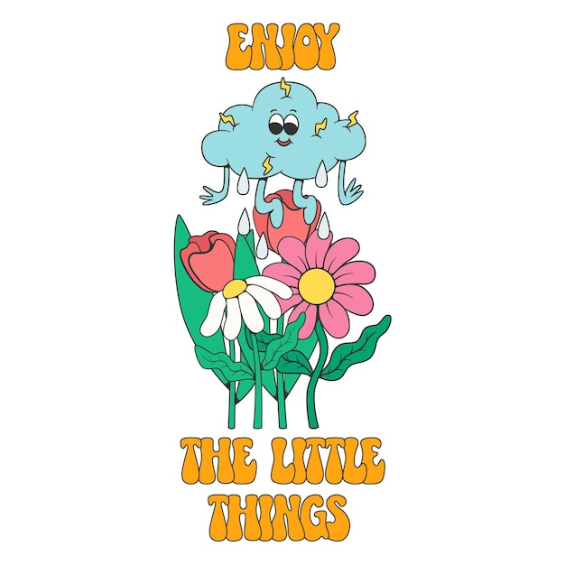 Retro-groovy Blumen-Maskottchen mit einem Zitat