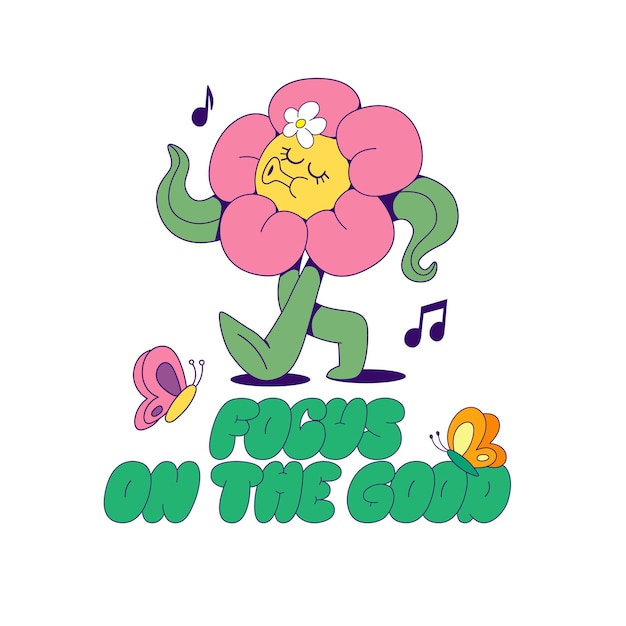 Retro-groovy Blumen-Maskottchen mit einem Zitat
