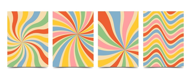 Retro groovy gestreifter hintergrund im stil der 70er jahre abstrakte bunte regenbogenstrahlen vintage-kulisse verdrehte und verzerrte texturvektorillustration im flachen stil