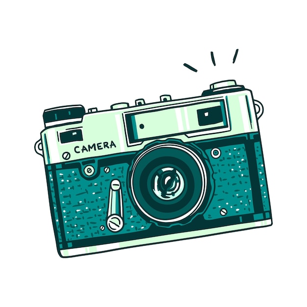 Retro-handgezeichnete hipster-fotokamera isoliert auf weißem hintergrund vintage-vektor-illustration für