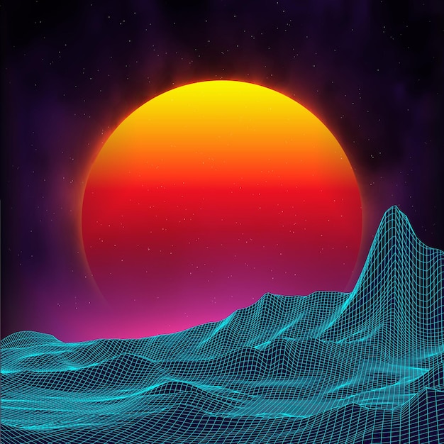 Retro-Hintergrund futuristische Landschaft im Stil der 1980er Jahre Digitale Retro-Landschaft Cyber-Oberfläche Retro-Musikalbum-Cover-Vorlage Sonne Weltraum Berge 80er Jahre Retro-SciFi-Hintergrund Sommerlandschaft