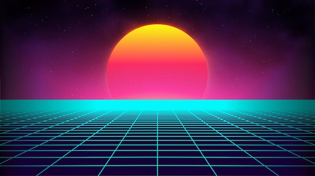 Retro-Hintergrund futuristische Landschaft im Stil der 1980er Jahre Digitale Retro-Landschaft Cyber-Oberfläche Retro-Musikalbum-Cover-Vorlage Sonne Weltraum Berge 80er Jahre Retro-SciFi-Hintergrund Sommerlandschaft